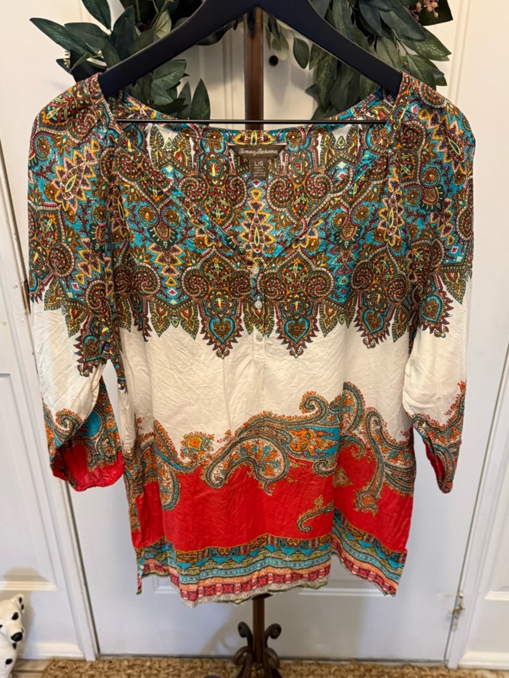 Tommy Bahama Boho Bold Mixed Print Floral & Paisley Lightweight Popover Top L